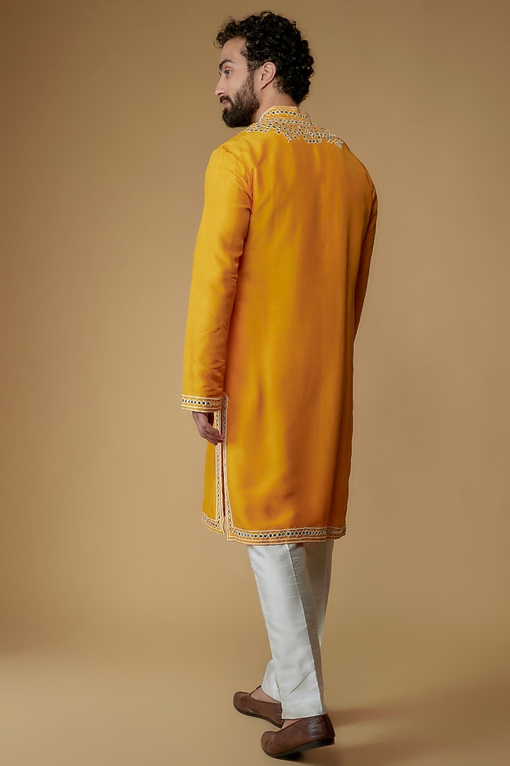 Kesari Yellow Viscose Silk Blend Mirror Applique Kurta by MILO by Miloni Shah at Pernia's Pop Up Shop