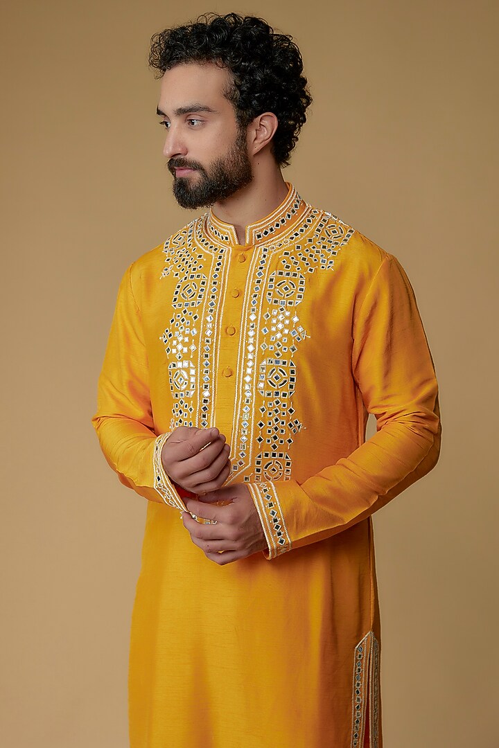 Kesari Yellow Viscose Silk Blend Mirror Applique Kurta by MILO by Miloni Shah at Pernia's Pop Up Shop