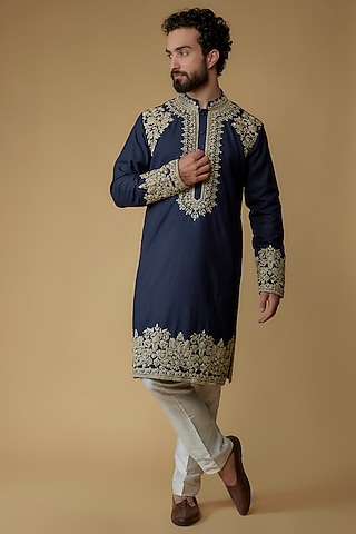 Blue Cotton Silk Resham Embroidered Handloom Kurta by MILO by Miloni Shah