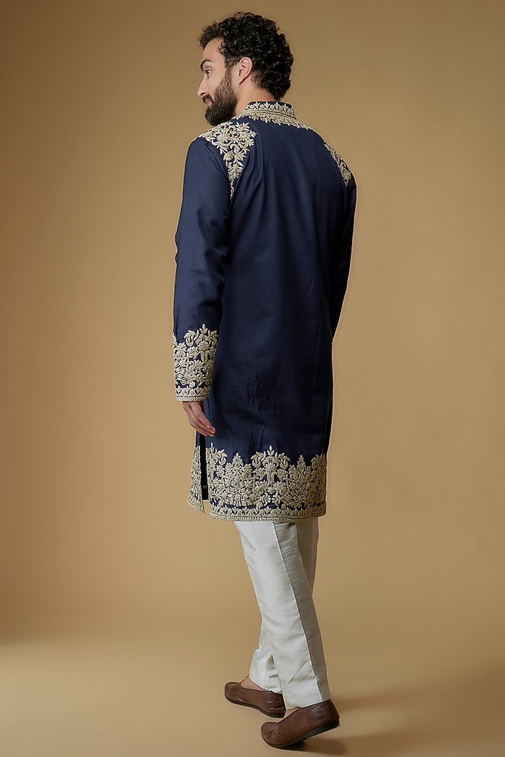 Blue Cotton Silk Resham Embroidered Handloom Kurta by MILO by Miloni Shah at Pernia's Pop Up Shop