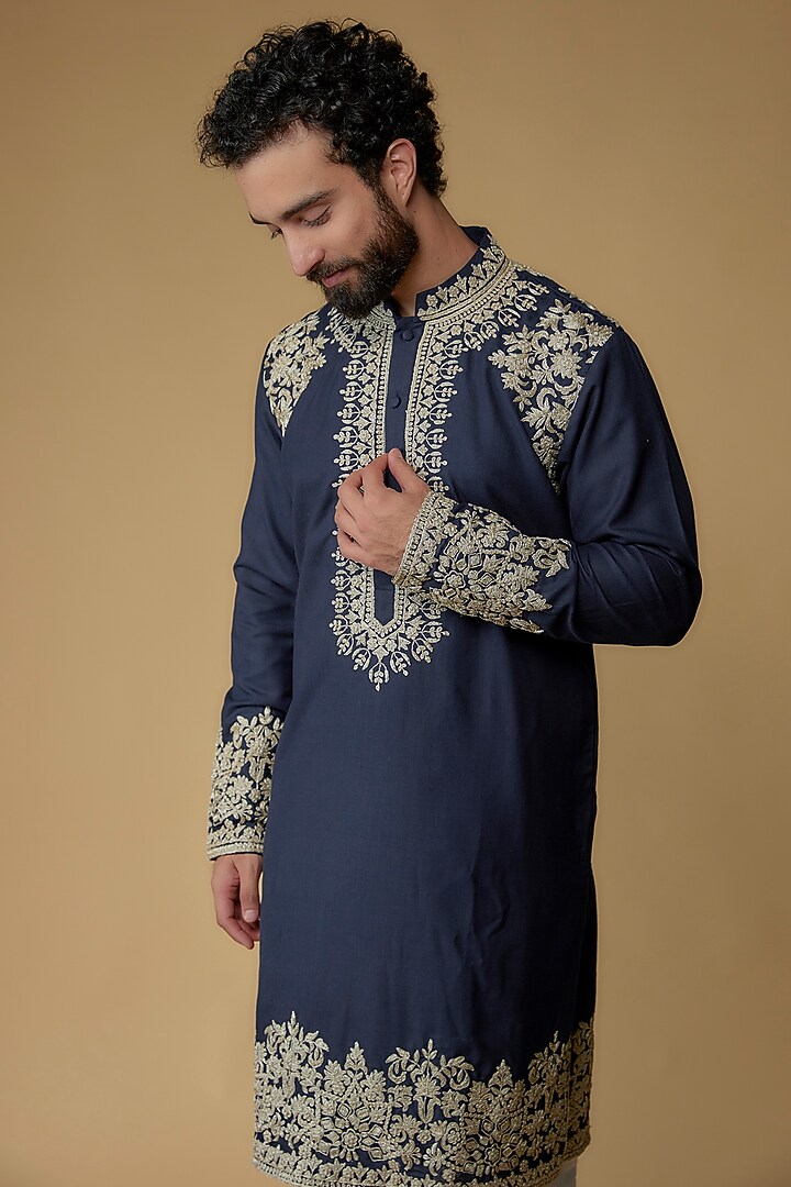 Blue Cotton Silk Resham Embroidered Handloom Kurta by MILO by Miloni Shah at Pernia's Pop Up Shop