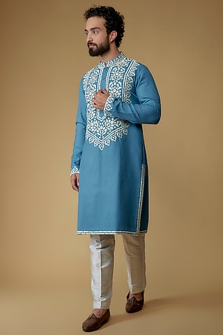 Blue Cotton Silk Resham Embroidered Handloom Kurta by MILO by Miloni Shah