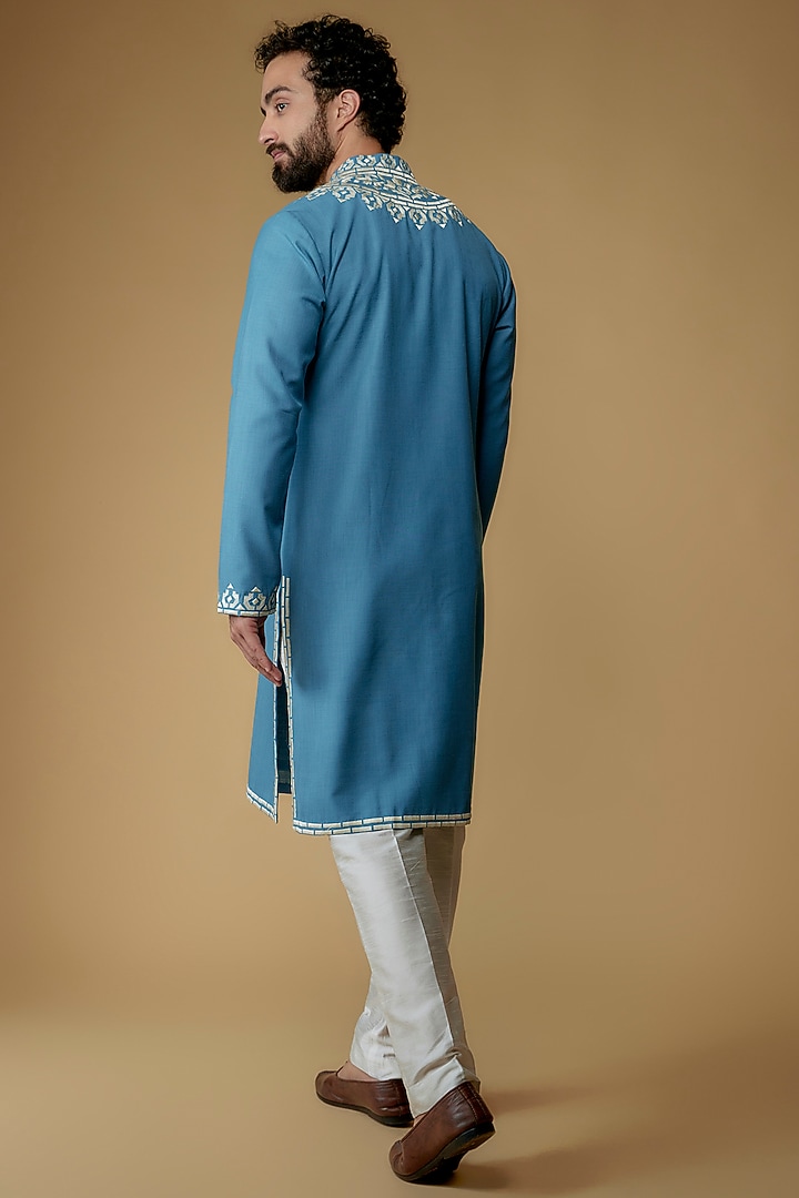 Blue Cotton Silk Resham Embroidered Handloom Kurta by MILO by Miloni Shah at Pernia's Pop Up Shop