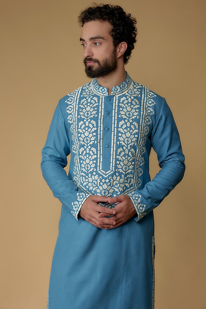 Blue Cotton Silk Resham Embroidered Handloom Kurta by MILO by Miloni Shah at Pernia's Pop Up Shop