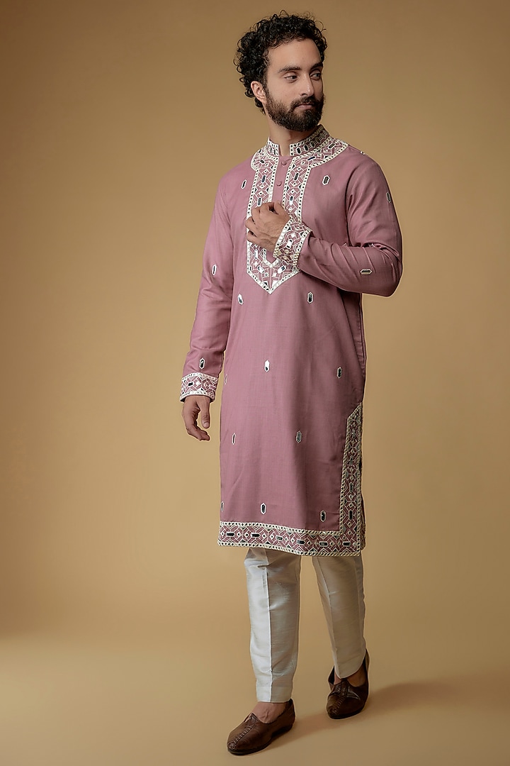 Rose Pink Viscose Silk Applique Embroidered Kurta by MILO by Miloni Shah