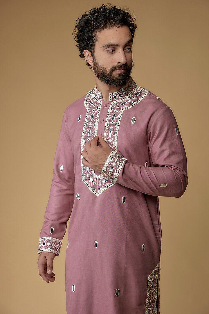 Rose Pink Viscose Silk Blend Mirror Applique Kurta by MILO by Miloni Shah at Pernia's Pop Up Shop
