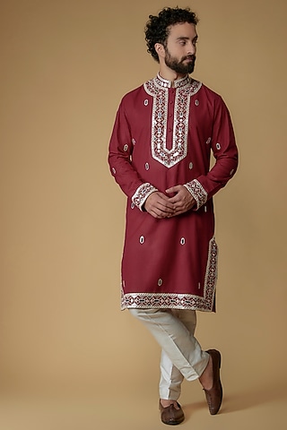 Maroon Viscose Silk Blend Applique Embroidered Kurta by MILO by Miloni Shah