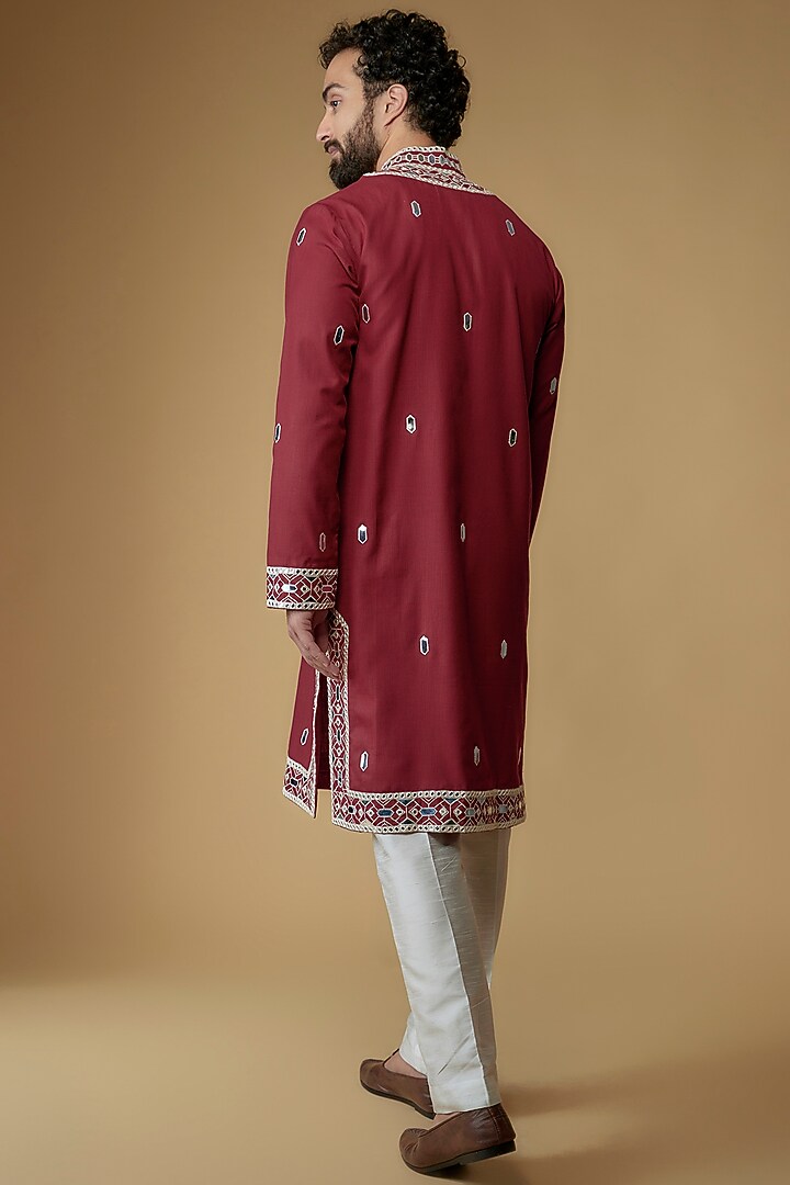 Maroon Viscose Silk Blend Applique Embroidered Kurta by MILO by Miloni Shah at Pernia's Pop Up Shop