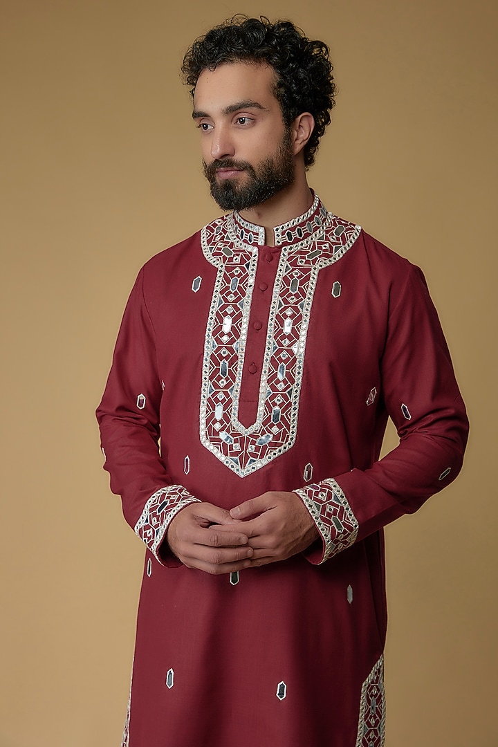 Maroon Viscose Silk Blend Applique Embroidered Kurta by MILO by Miloni Shah at Pernia's Pop Up Shop