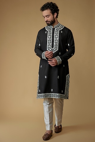 Black Cotton Silk Blend Applique Embroidered Kurta by MILO by Miloni Shah