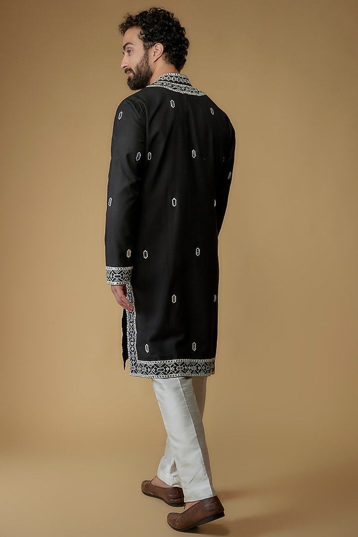 Black Cotton Silk Blend Applique Embroidered Kurta by MILO by Miloni Shah at Pernia's Pop Up Shop