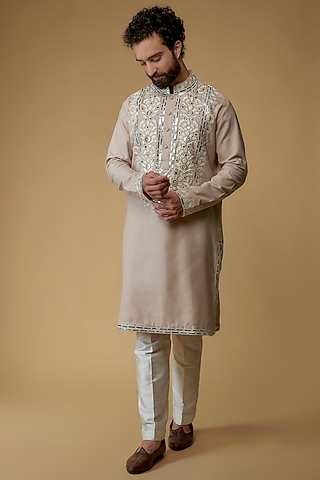 Blush Viscose Silk Blend Resham Embroidered Kurta by MILO by Miloni Shah