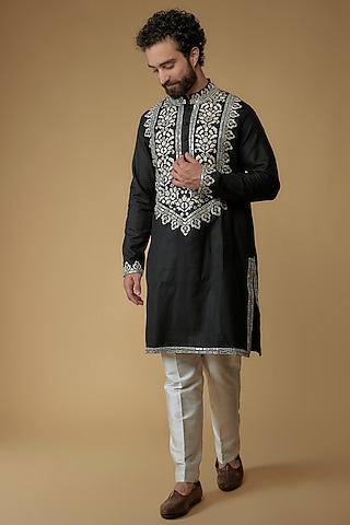 Black Cotton Silk Blend Mirror Applique Embroidered Kurta by MILO by Miloni Shah