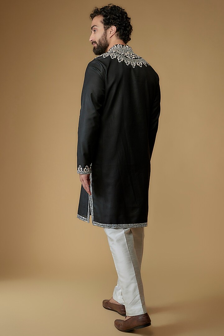Black Cotton Silk Blend Mirror Applique Embroidered Kurta by MILO by Miloni Shah at Pernia's Pop Up Shop