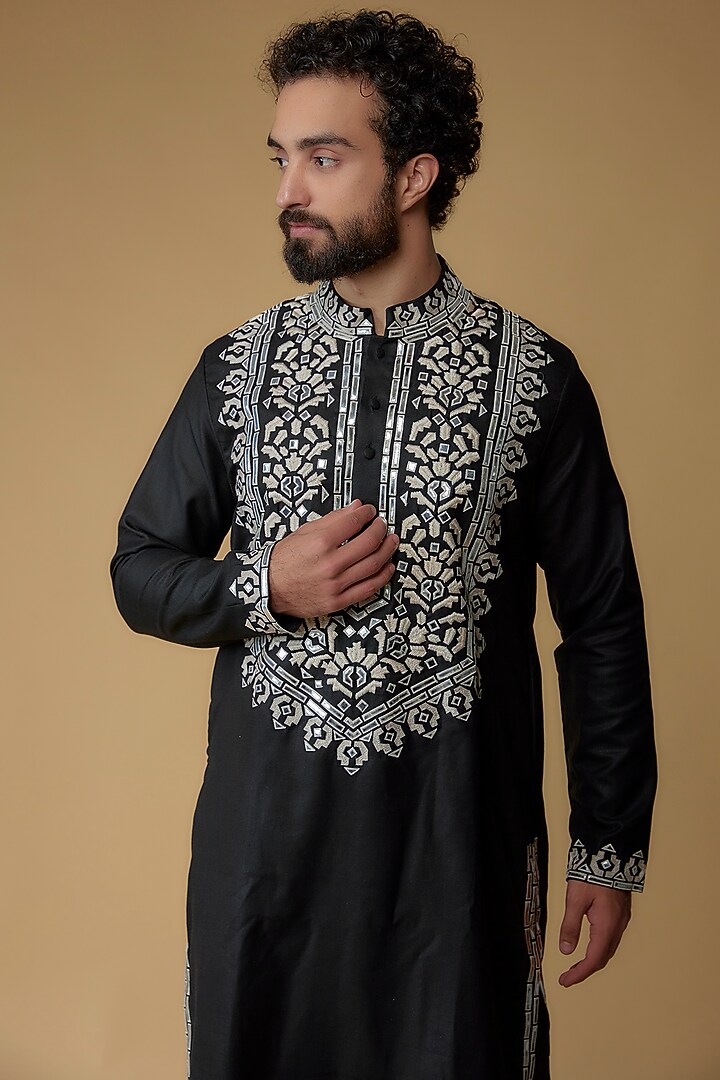 Black Cotton Silk Blend Mirror Applique Embroidered Kurta by MILO by Miloni Shah at Pernia's Pop Up Shop