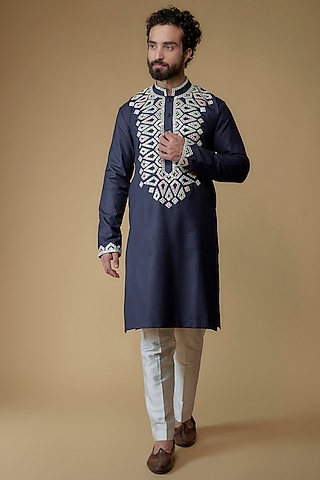 Navy Blue Cotton Silk Blend Mirror Embroidered Kurta by MILO by Miloni Shah