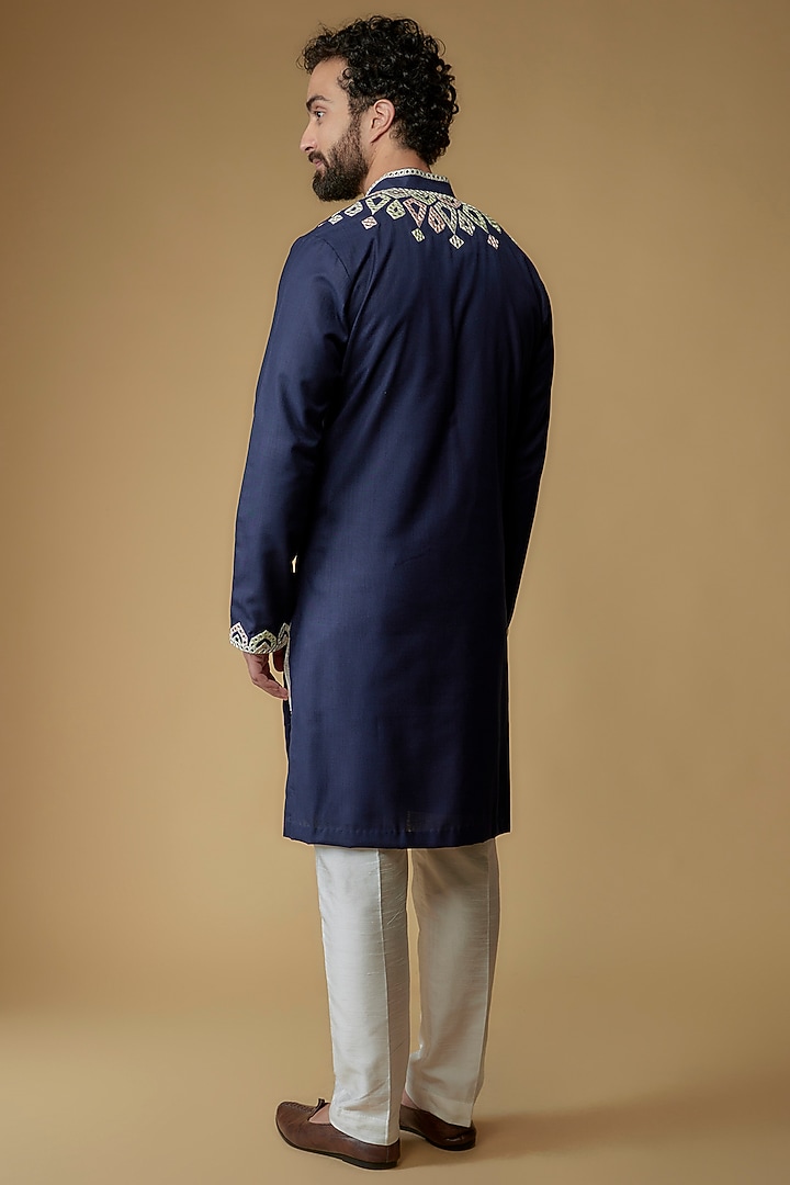Navy Blue Cotton Silk Blend Mirror Embroidered Kurta by MILO by Miloni Shah at Pernia's Pop Up Shop