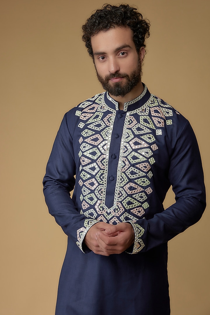Navy Blue Cotton Silk Blend Mirror Embroidered Kurta by MILO by Miloni Shah at Pernia's Pop Up Shop