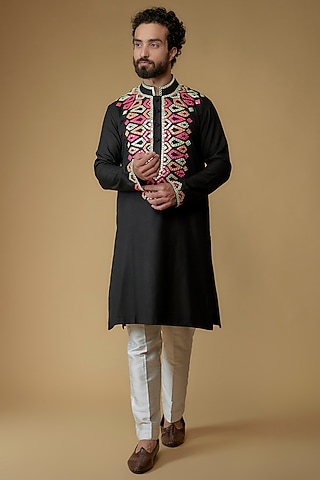 Black Cotton Silk Blend Mirror Embroidered Kurta by MILO by Miloni Shah