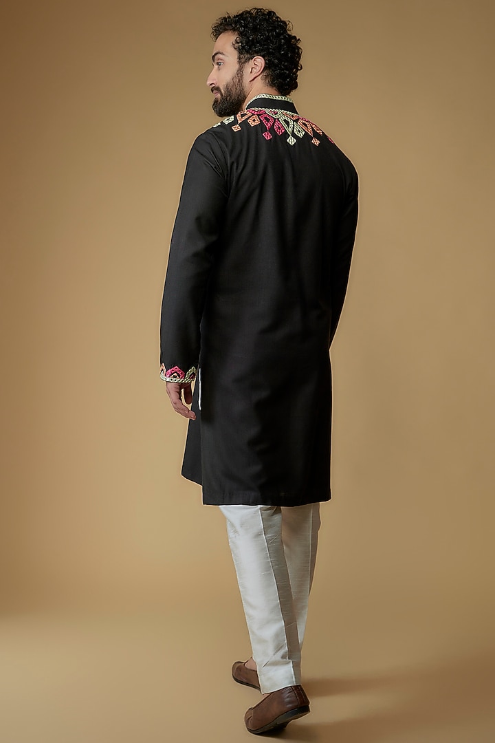 Black Cotton Silk Blend Mirror Embroidered Kurta by MILO by Miloni Shah at Pernia's Pop Up Shop