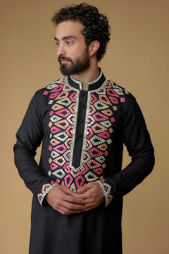 Black Cotton Silk Blend Mirror Embroidered Kurta by MILO by Miloni Shah at Pernia's Pop Up Shop