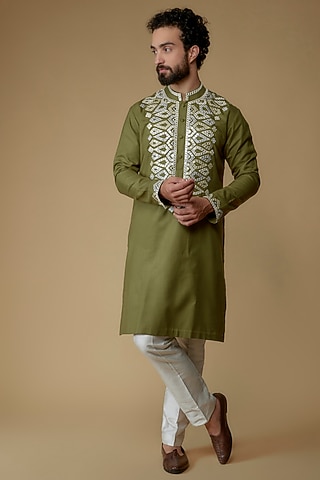 Olive Green Cotton Silk Blend Mirror Embroidered Kurta by MILO by Miloni Shah