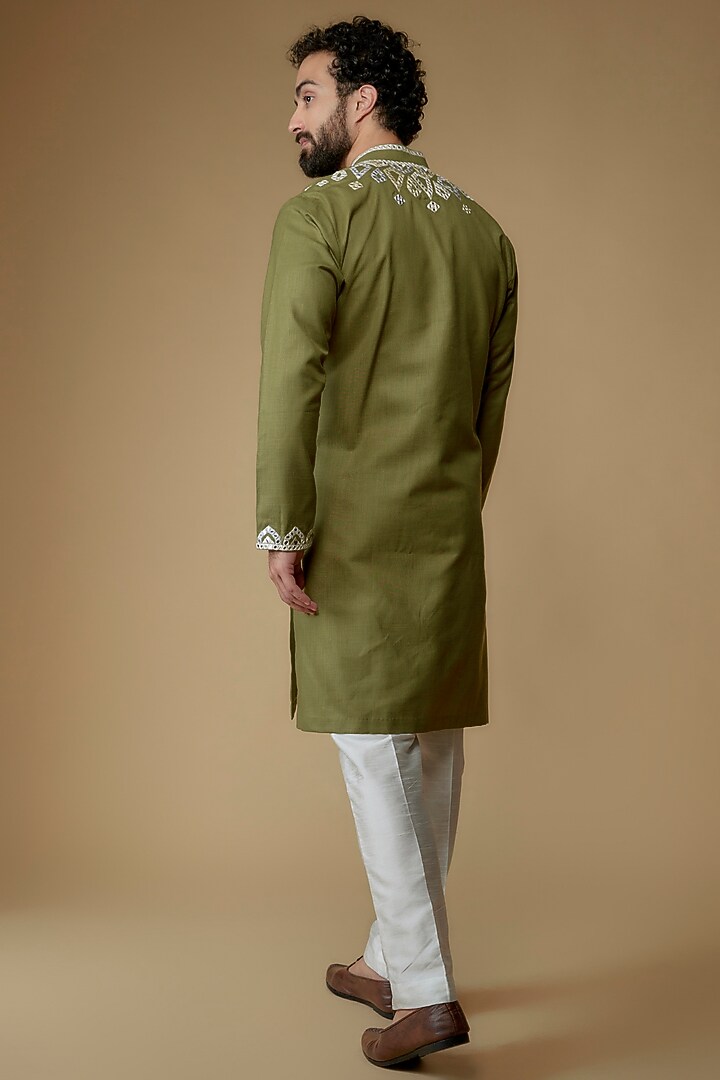 Olive Green Cotton Silk Blend Mirror Embroidered Kurta by MILO by Miloni Shah at Pernia's Pop Up Shop