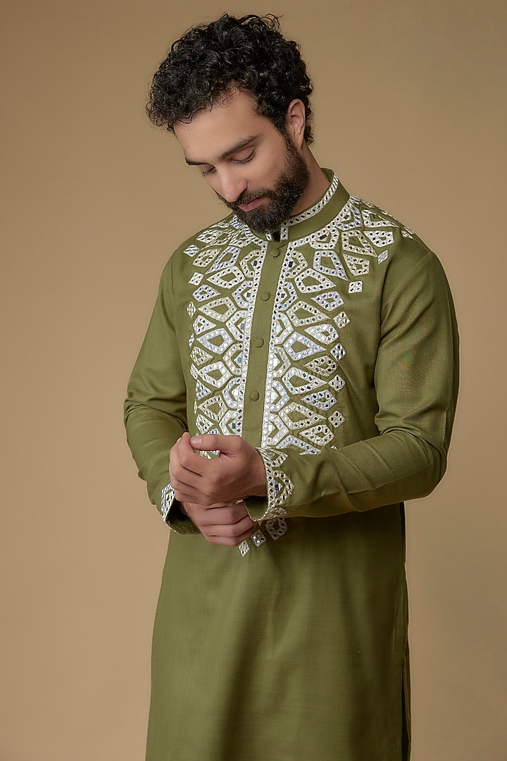 Olive Green Cotton Silk Blend Mirror Embroidered Kurta by MILO by Miloni Shah at Pernia's Pop Up Shop