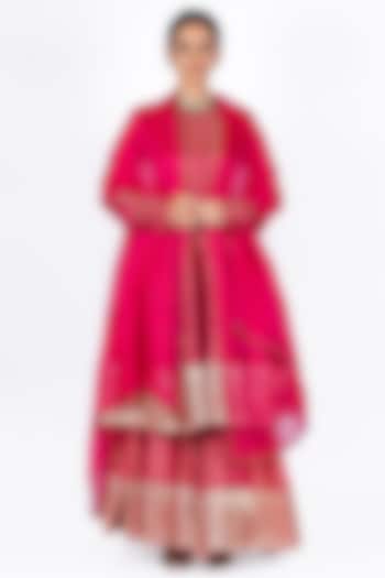 Bright Magenta Handloom Silk Wedding Anarkali Set by Mimamsaa at Pernia's Pop Up Shop