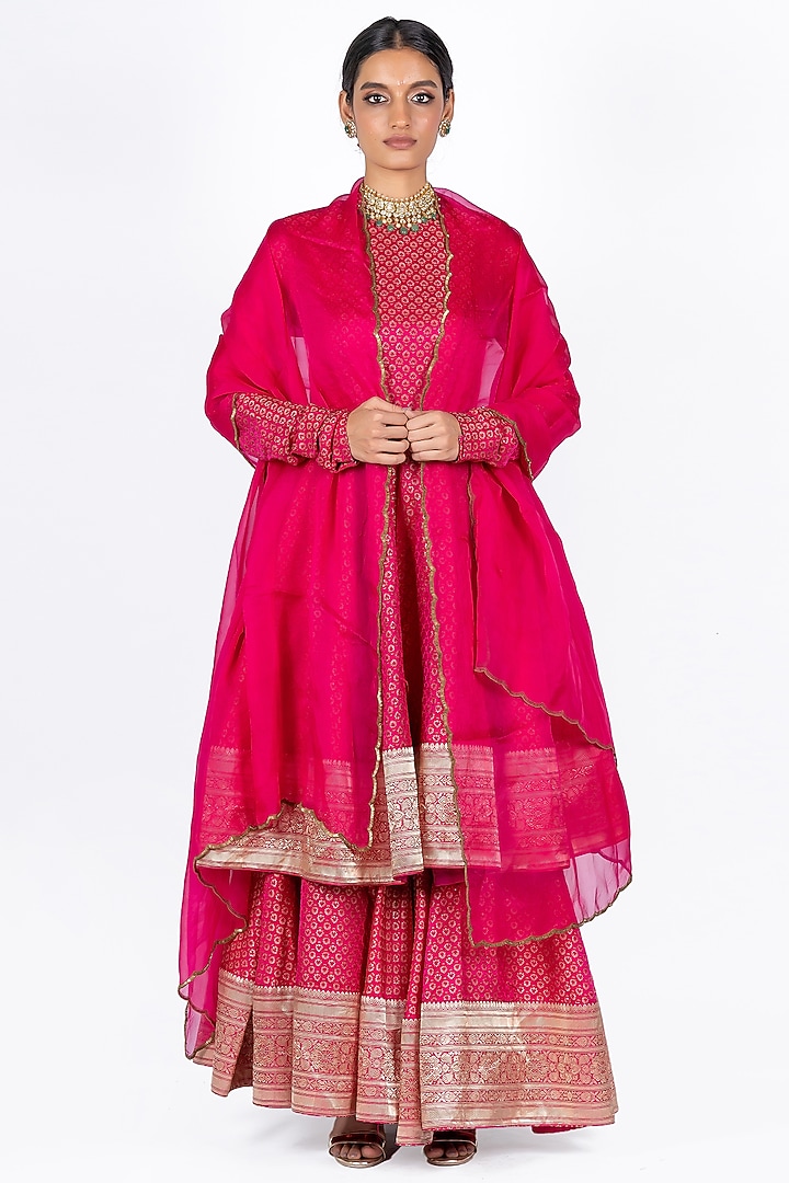 Bright Magenta Handloom Silk Wedding Anarkali Set by Mimamsaa at Pernia's Pop Up Shop
