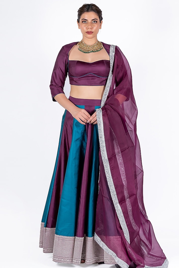 Aegean Blue & Wine Satin Silk Wedding Lehenga Set by Mimamsaa at Pernia's Pop Up Shop