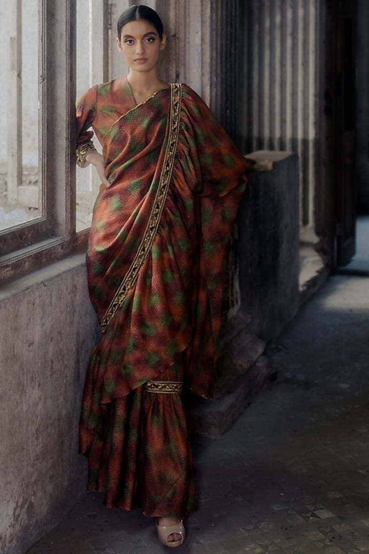 Multi-Colored Handwoven Silk Printed Saree Set by Mimamsaa