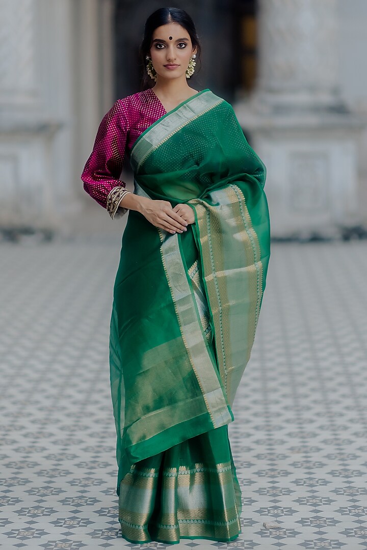 Fresh Green Banarasi Silk Saree Set by Mimamsaa