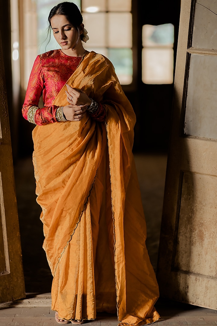 Orange Tissue Silk Saree Set by Mimamsaa