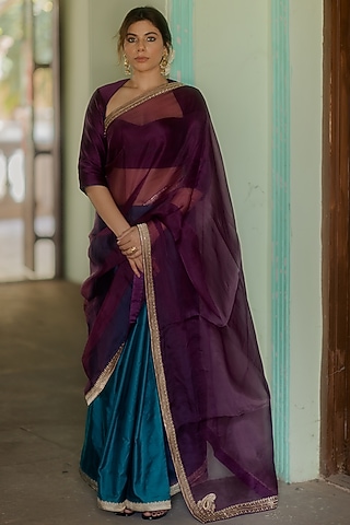 Wine & Aegean Satin Silk Saree by Mimamsaa