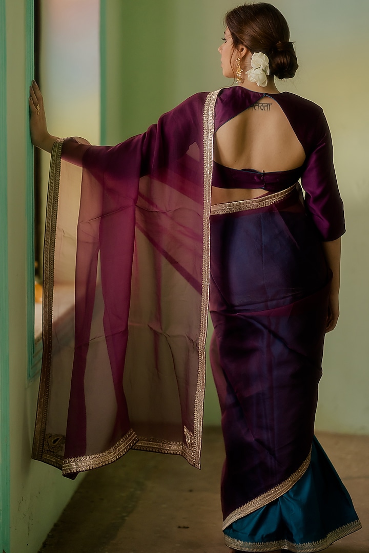 Wine & Aegean Satin Silk Wedding Saree by Mimamsaa at Pernia's Pop Up Shop