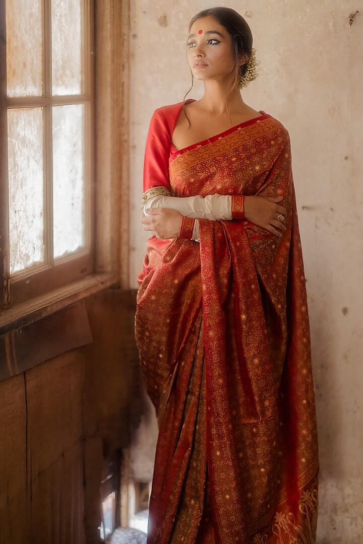 Red Tanchoi Silk Saree by Mimamsaa