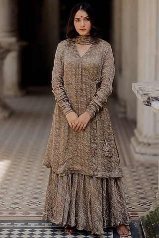 Olive Green Chiffon Silk Digital Printed Gharara Set by Mimamsaa