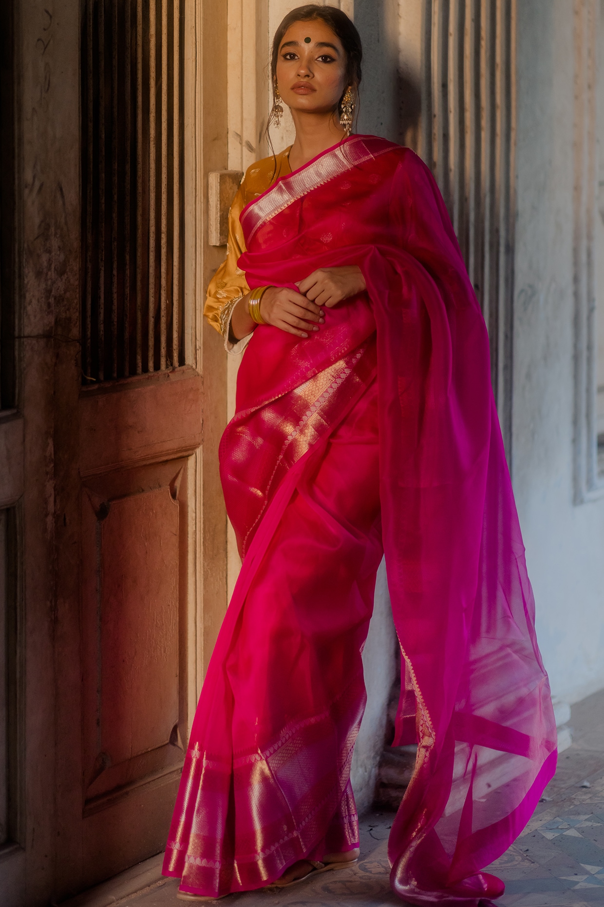 Beige-Pink Pure Mashru Satin Silk Saree – Banarasiya