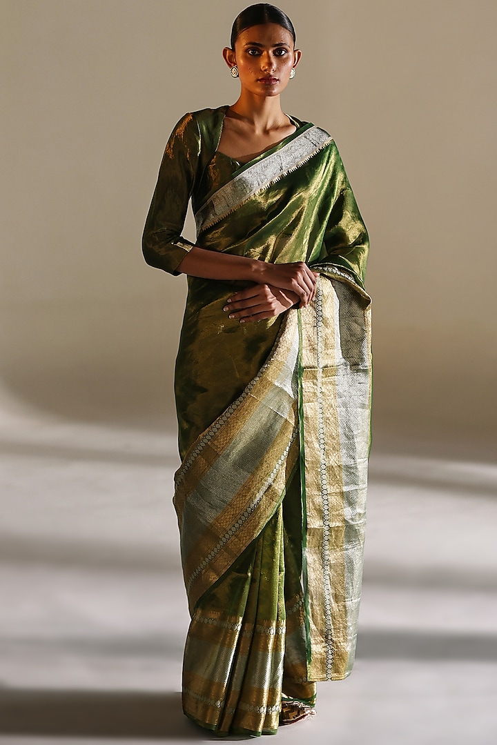 Sap Green Tissue Silk Saree Set by Mimamsaa