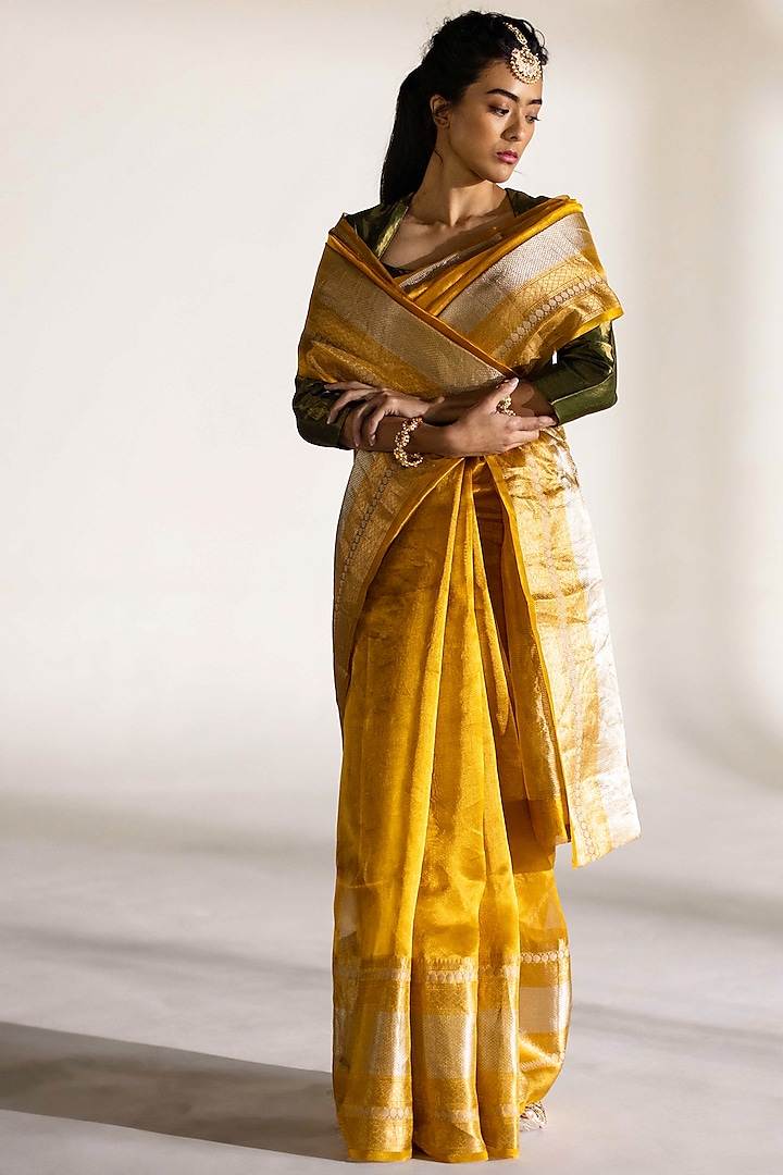 Mustard Tissue Silk Woven Saree Set by Mimamsaa