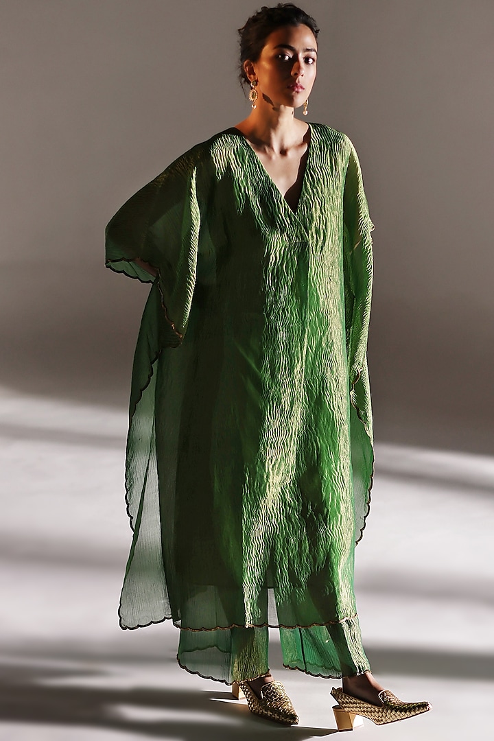 Emerald Green Silk Woven Embroidered Kaftan Set by Mimamsaa