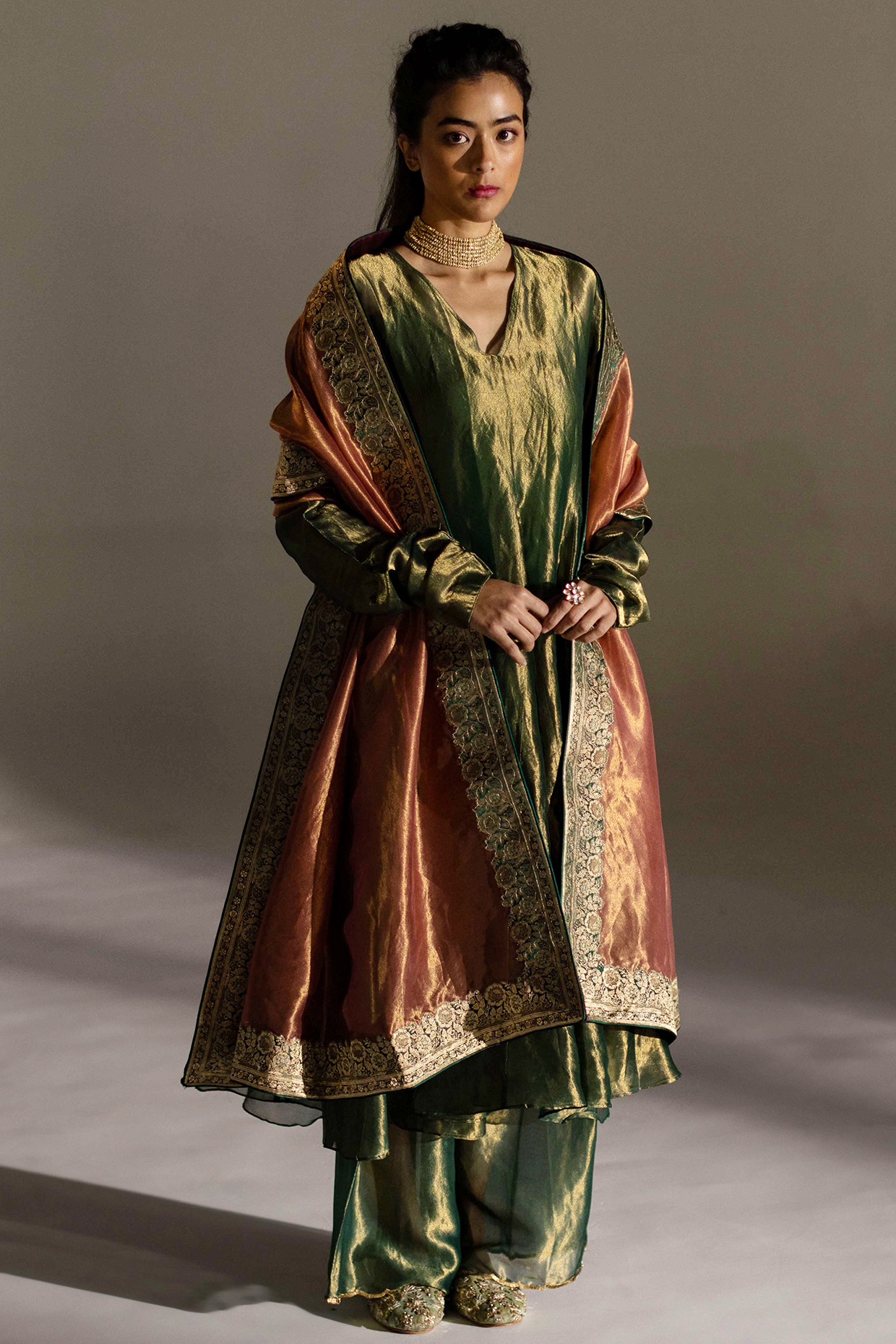 Green Tissue Silk Embroidered Kurta Set by Mimamsaa
