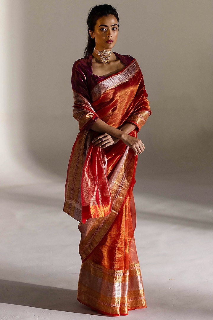 Crimson Silk Woven Saree Set by Mimamsaa
