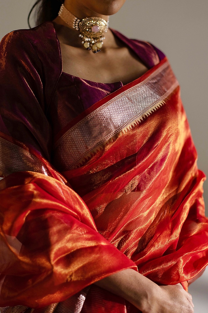 Crimson Silk Woven Party Wear Saree Set by Mimamsaa at Pernia's Pop Up Shop