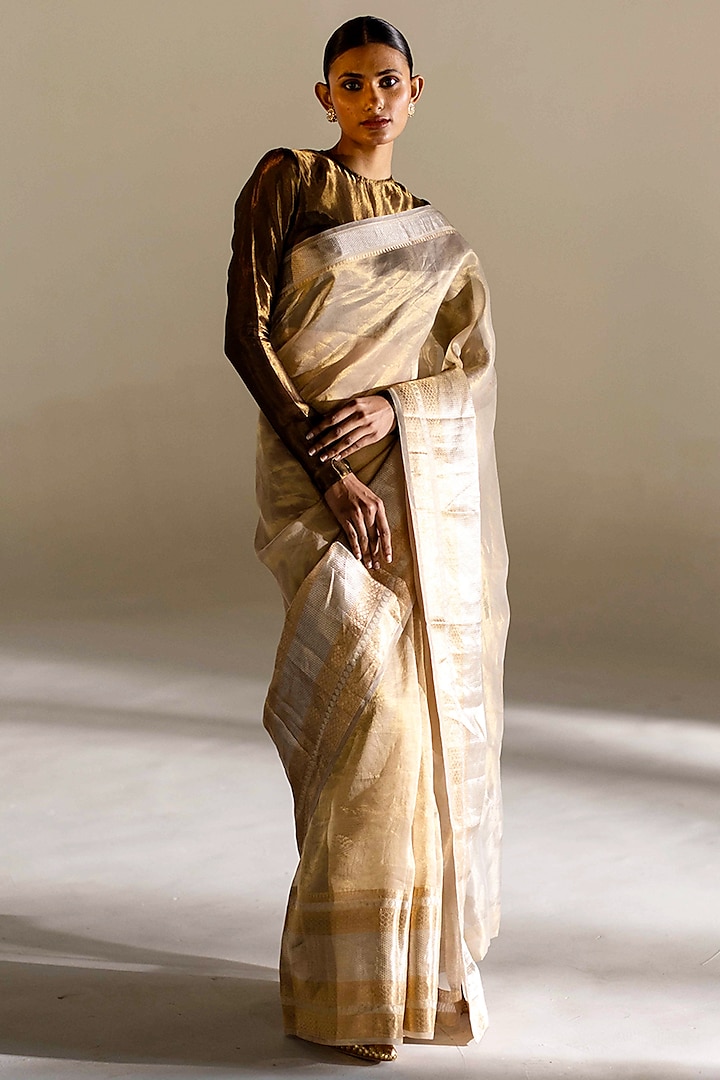 Ivory Silk Woven Saree Set by Mimamsaa