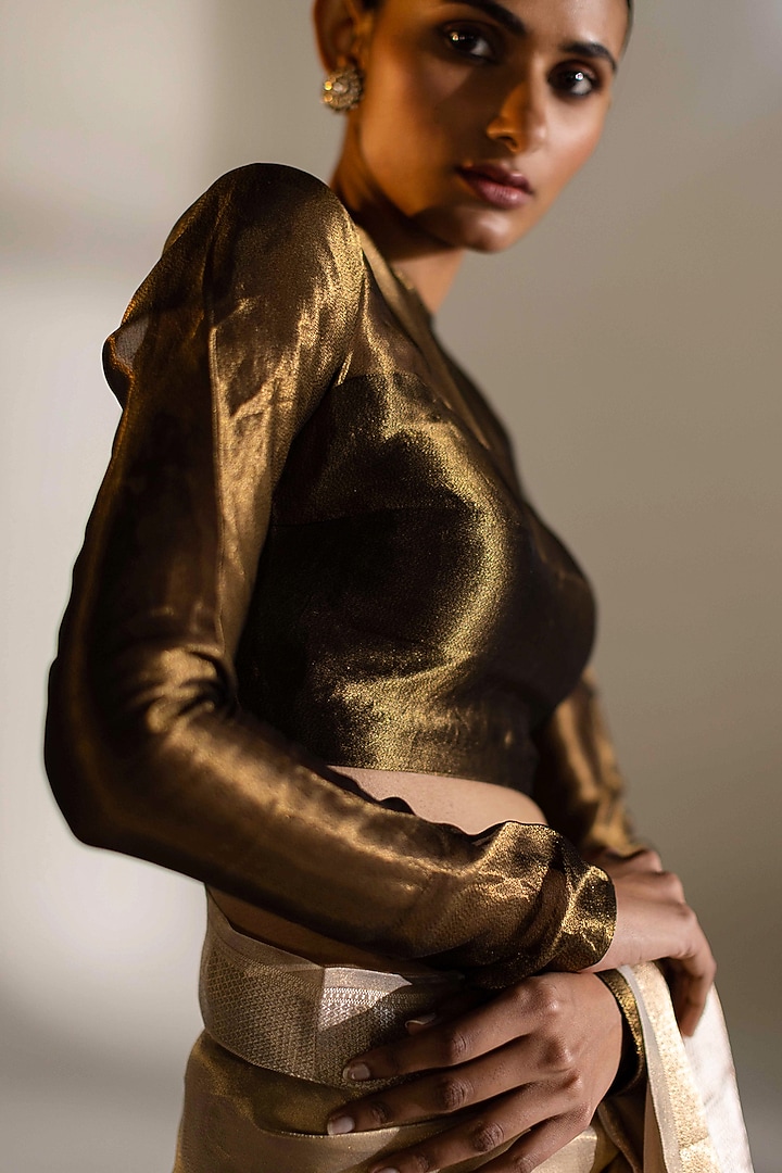 Charcoal Silk Woven Unstitched Blouse by Mimamsaa at Pernia's Pop Up Shop