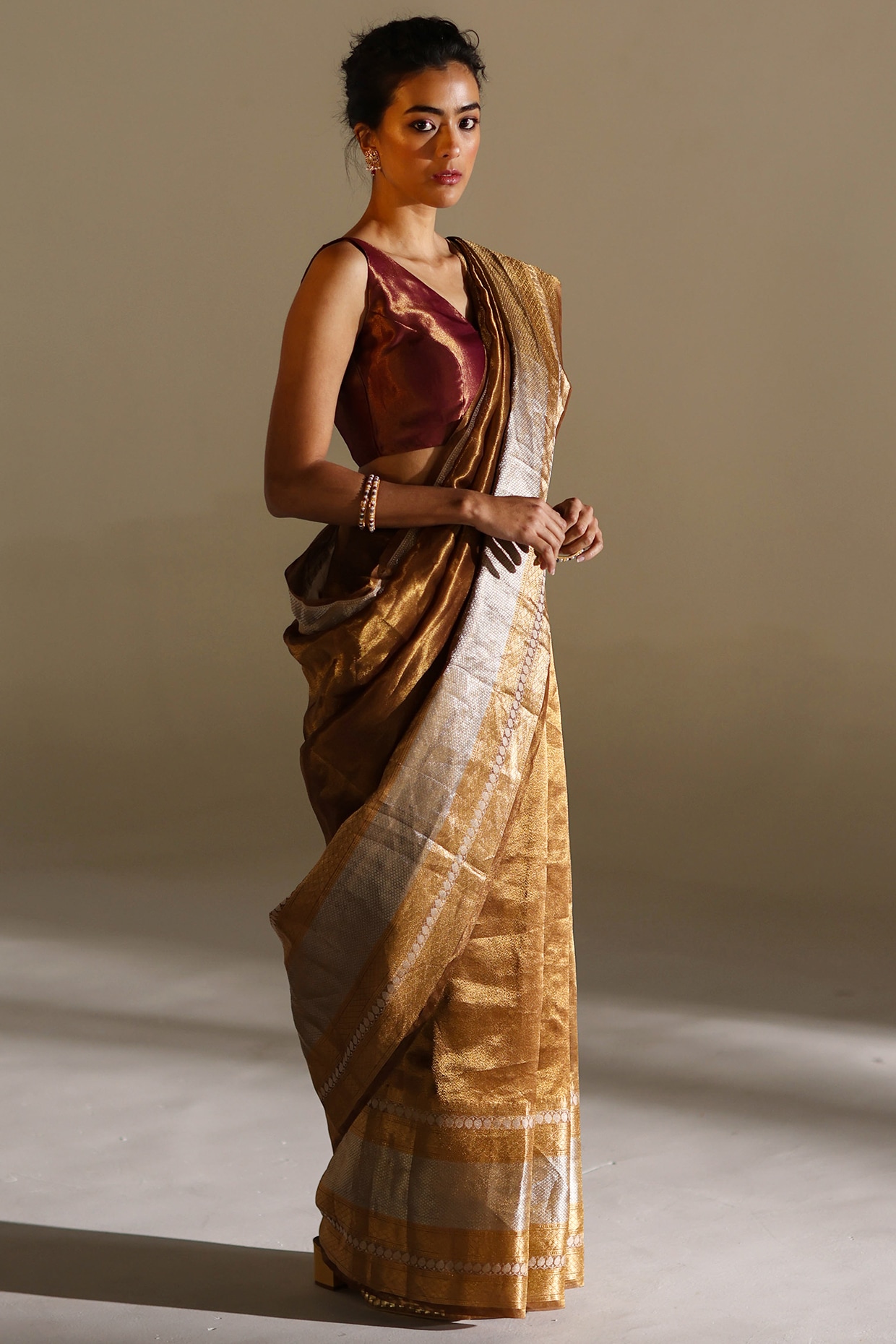 Sai Ram Textiles Kerala Kuthampully Lotus Half And Half Golden And Silver Tissue  Saree | Kerala Traditional Set Saree