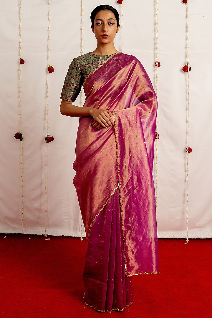 Magenta Tissue Silk Embroidered Woven Saree Set by Mimamsaa at Pernia's Pop Up Shop