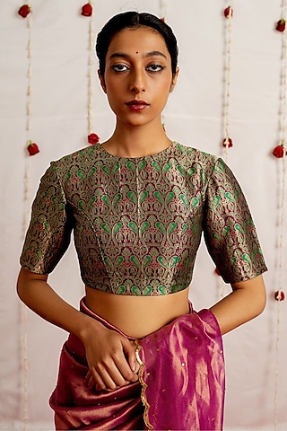 Green Brocade Silk Woven Blouse by Mimamsaa
